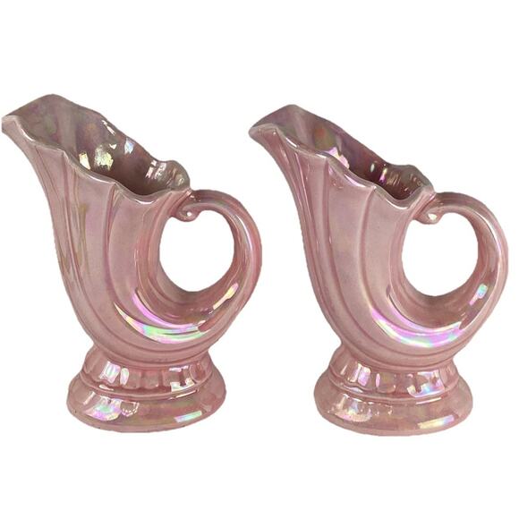 Bayer Pottery Pink Drip Glaze Shell Set Of 2 Planter Vase Vtg Mid Century USA - Picture 1 of 9